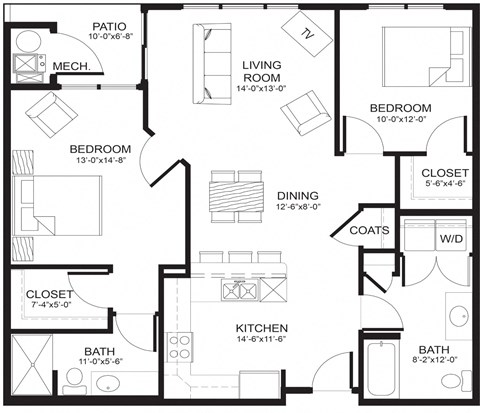 Floor plan for 2 beds, 2 baths, 1052 sqft
